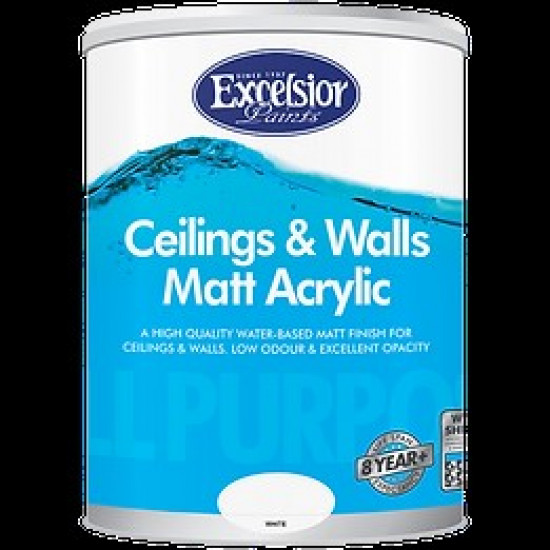 EXCELSIOR PAINT / All Purpose Ceilings & Walls Matt Acrylic Clear Base Paint 5ltr / APM CB 5LTR