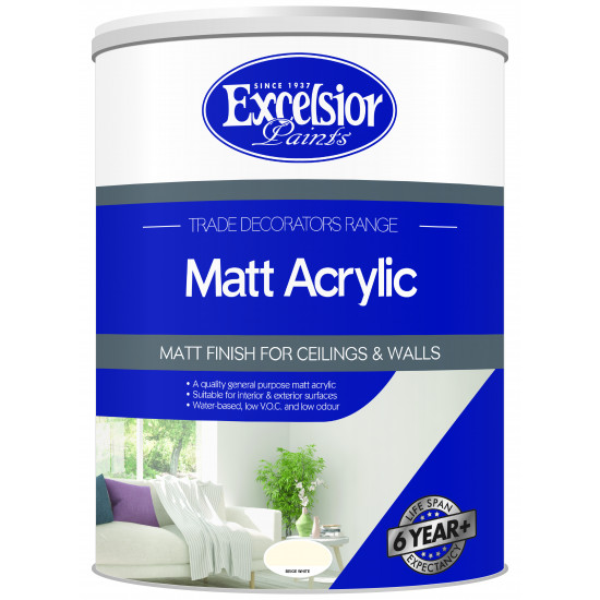 EXCELSIOR PAINT / Trade Decorators Matt Acrylic Beige White Paint 5ltr / TDM BW 5LTR