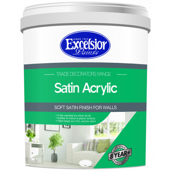EXCELSIOR PAINT / Trade Decorators Satin Acrylic White Wall Paint 20ltr / TDS W 20LTR