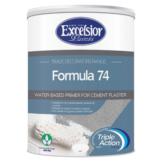 EXCELSIOR PAINT / Trade Decorators Formula 74 Water-Based Plaster Primer White 5ltr / TD FORM 74 5LTR