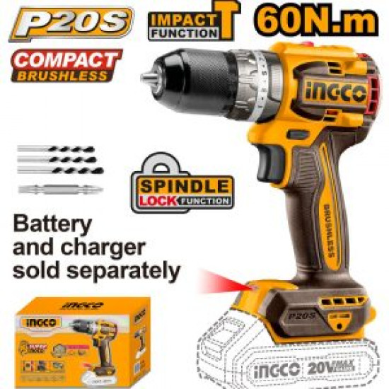 INGCO / Cordless Compact Impact Drill, 20v, LithiumI-Ion, 60Nm Brushless / CIDLI206021