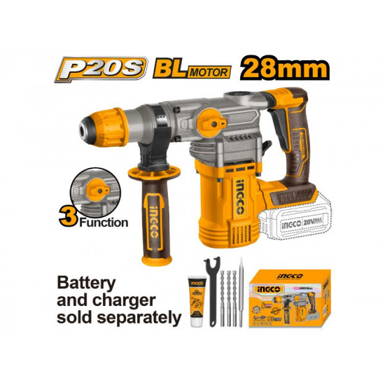 INGCO / Cordless Rotary Hammer Drill 20v, Li-Ion, Brushless, SDS Plus Chuck System, includes 3 Drill Bits, 1 Chisel, 1 Spanner & 1 Grease Tube / CRHLI20288