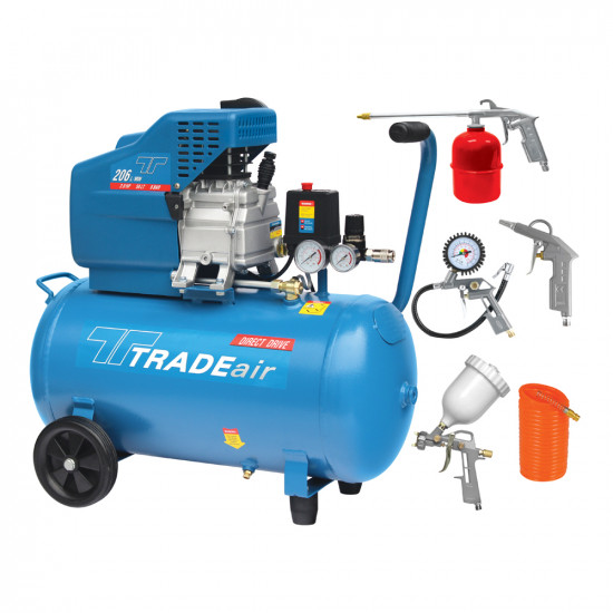 TRADEair / 50L Air Compressor Lubricated, 1.5Kw, Direct Drive 2HP, with 5 Piece Pneumatic Tool Kit  / MCFRC109